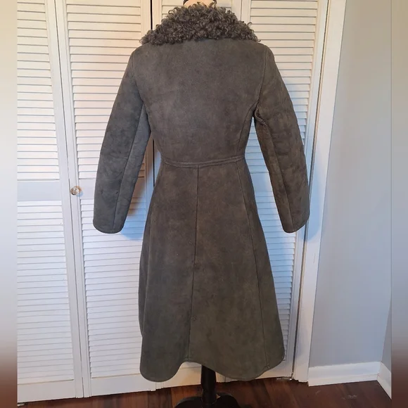 RARE vtg 1980s Antartex Scotland Sheepskin Gray Double-Breasted Coat Sz Small - Picture 2 of 7